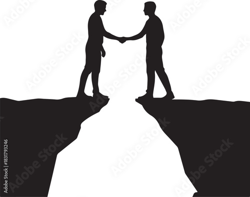 Business partnership, trust concept, deal over cliff, overcoming obstacle, risk management, teamwork silhouette