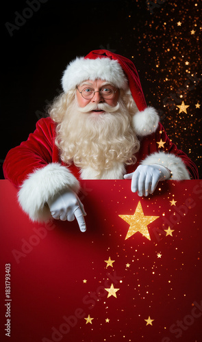 Santa Claus stands near a red banner with stars and looks at the camera, banner for text