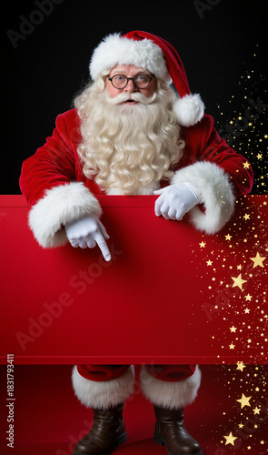 Santa Claus holds a red banner for text, for advertising