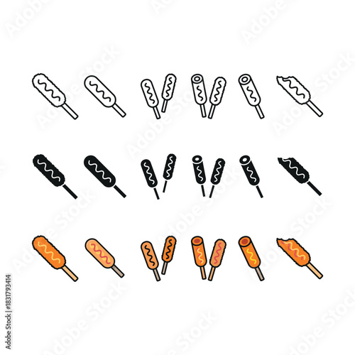 Corn dog set icon line glyph color for snack street food and festival design