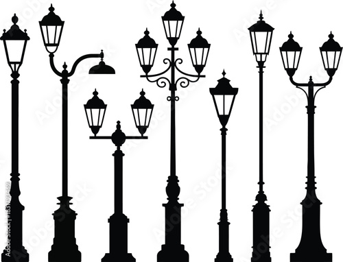 Collection of various antique and classic street lamp silhouettes, for design use