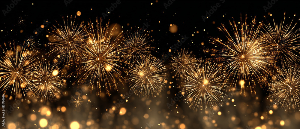 Naklejka premium Golden fireworks exploding in the night sky with bokeh lights and sparks around