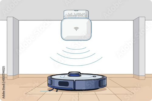 Robot vacuum cleaner charging wirelessly on wooden floor indoors