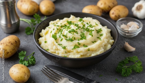 Bowl of creamy mashed potatoes garnished with fresh parsley is served on a dark table with raw ingredients like garlic and whole potatoes in the background