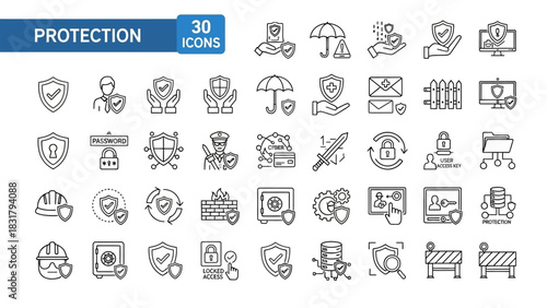 Collection of Protection and Security Icons Shield, Lock, Handshake, and Safety Symbols