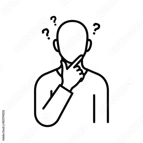 Simple black and white line art icon of a person thinking with a hand on their chin and question marks floating above their head