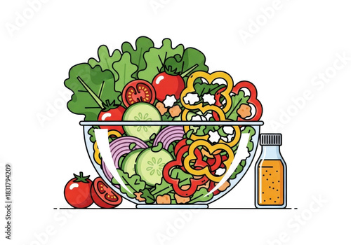 Fresh salad in a bowl with dressing bottle isolated on transparent background