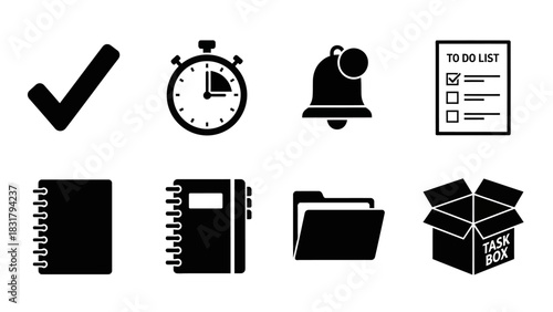 Icons for Task Management Checklist, Timer, Bell, Notebook, and More for Organization