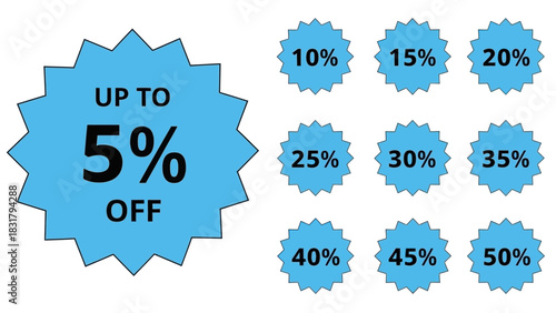 Blue star-shaped discount tags icon set for retail promotions, showing various percentages from 5 to 50 percent off