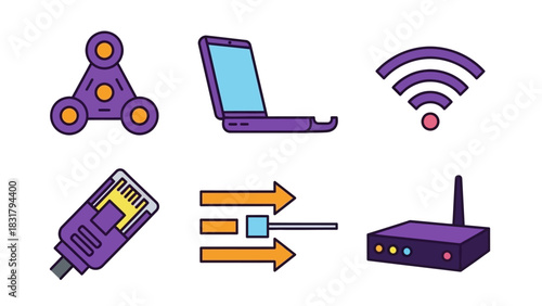Colorful icon set of internet and networking technology symbols, including a wireless router, laptop, ethernet cable, and data transfer arrows on a white background
