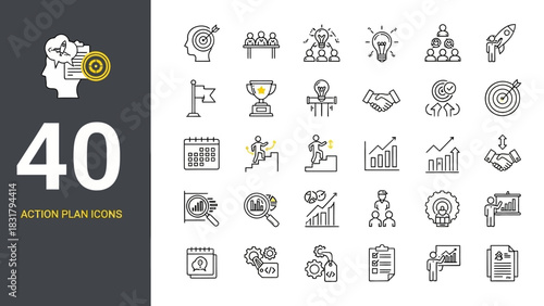 Business action plan icon set. Thin line style vector symbols for strategic planning, goal setting, and successful teamwork