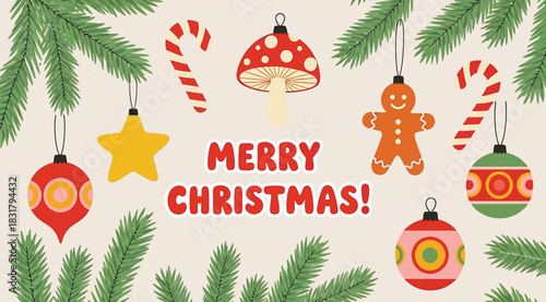 Christmas illustration with candy canes, mushroom ornament, gingerbread man, baubles, and pine branches framing bold red “MERRY CHRISTMAS!” text—perfect for festive cards, banners, and seasonal decor.
