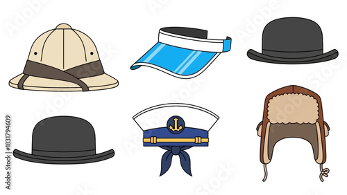 A curated collection of diverse headwear illustrations, showcasing a variety of styles from classic safari and sailor hats to modern visors