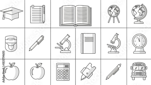A versatile collection of monochrome line art icons representing various school supplies and educational concepts for learning and academic projects