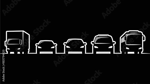 Sleek automotive icons representing different types of road transport vehicles like trucks, cars, and buses in a minimalist black and white design