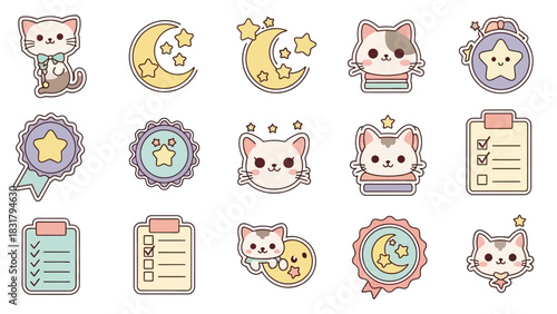 Adorable kawaii cat sticker set with celestial moon, stars, and checklist icons. Cute whiskered feline character collection for print and planners