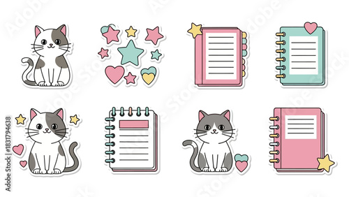 A charming collection of kawaii cat stickers featuring adorable whiskered kittens, spiral notebooks, and sparkling star decorations for journaling