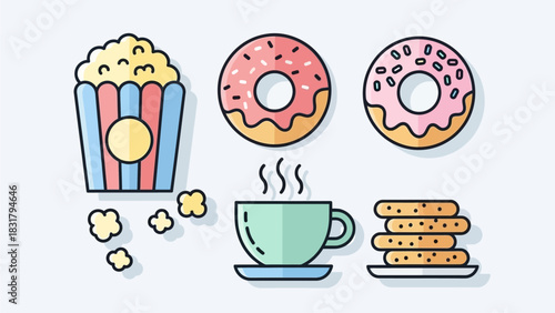 A vibrant collection of outlined food and drink icons, featuring popular snacks like popcorn, donuts, a hot beverage, and biscuits for a fun design