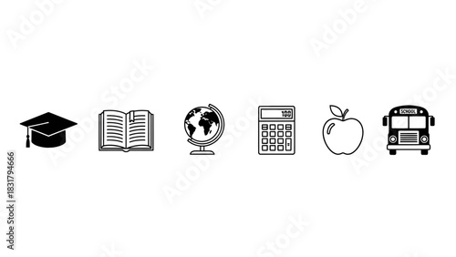 A vector illustration set of essential school and academic icons, including symbols for graduation, knowledge, and learning