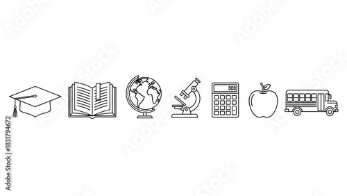 A set of linear icons representing education and academic subjects. This collection includes simple black and white symbols for school, learning, and knowledge