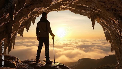 Wallpaper Mural Hiker Silhouette Standing at Cave Entrance Overlooking Clouds at Sunrise. Torontodigital.ca