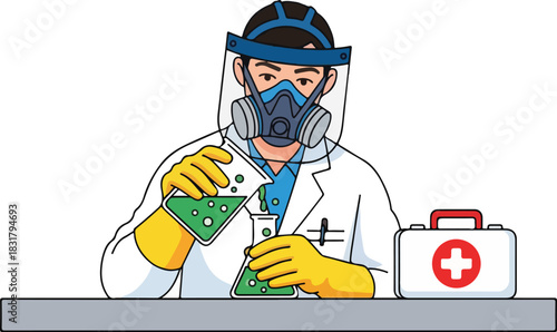 Lab worker in protective gear handling green petri dish at desk with first aid kit