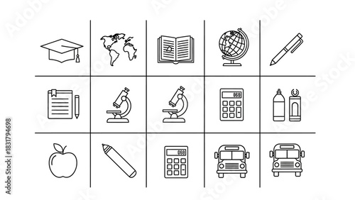 Monochrome scholastic element collection featuring essential learning tools and symbols for educational design
