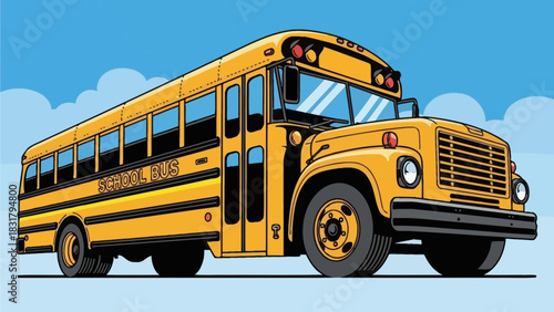 Detailed vector illustration of a traditional yellow school bus for student transportation against a blue sky with clouds