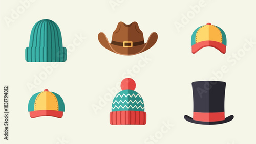 A colorful vector collection of various types of hats and headwear icons in a modern flat design style