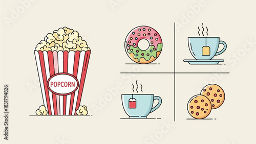 A curated set of line art illustrations representing delicious snacks and warm beverages, including popcorn, a sweet doughnut, hot tea, and cookies