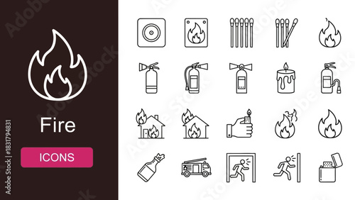 Collection of fire and safety icons representing fire, flames, and emergency equipment