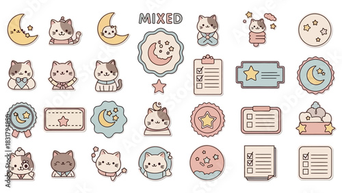 Cute kawaii cat and celestial moon sticker icon set for digital planners and journaling. Adorable kitten, star, and checklist collection in pastel colors