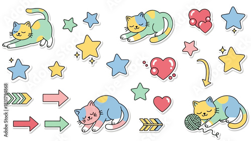 Adorable collection of cute pastel cat stickers with whimsical stars, hearts, and arrows. A charming set of playful feline illustrations for decoration