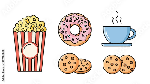 A vibrant and delicious collection of flat design snack icons, featuring popcorn, a pink frosted donut, chocolate chip cookies, and a steaming hot beverage