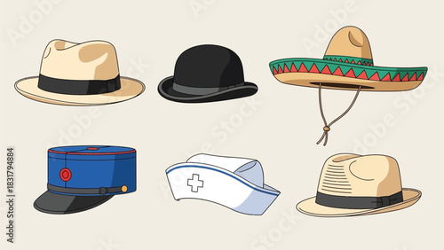 A diverse and colorful collection of assorted headwear, featuring iconic hats from various cultures and professions