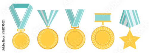 Medal award collection, gold winner symbols with laurels and star badges, champion victory prize set, classic sport achievement design illustration on transparent background