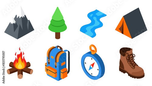 Camping and Hiking Icons Explore the Outdoors with Adventure-Themed Graphic Elements