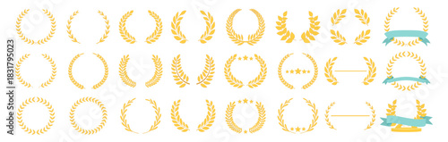 Laurel wreath award collection, classic victory frames with stars and branches, premium selection emblem design set illustration on transparent background
