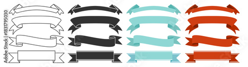 Ribbon banner collection, classic vintage labels and decorative frames, blank scroll shapes with curved folds, retro emblem elements set design illustration on transparent background