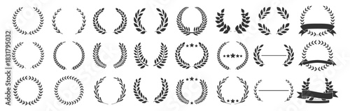 Laurel wreath award collection, classic victory frames with stars and branches, premium selection emblem design set illustration on transparent background