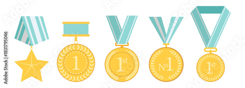 Medal award collection, winner champion icons, victory star badges, sport achievement symbols, prize ribbon wreath set, classic honor design illustration on transparent background