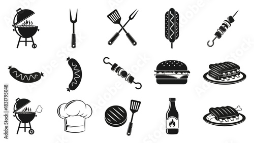 A comprehensive icon sheet of monochrome symbols representing barbecue grilling, food, and cooking tools
