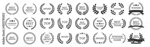 Award winner wreath collection, best champion labels with laurels, classic cinema and film emblem design set with stars and branches illustration on transparent background