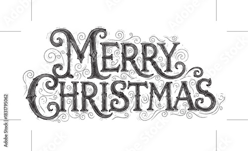 Ornate Merry Christmas typography in a vintage style. Black and white holiday greeting with intricate hand-drawn flourishes. Vector graphic illustration for festive cards