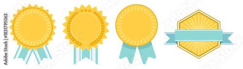 Award badge set, premium rosette and ribbon medal illustration with star symbols, quality seal and certified approval emblem design collection on transparent background