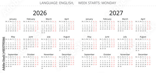 2026 and 2027 english simple annual calendars. year illustration. Week starts monday