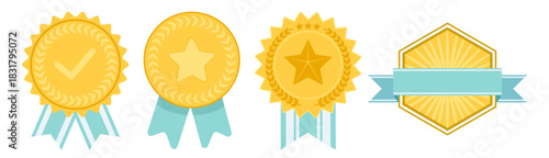 Award badge set, premium rosette and ribbon medal illustration with star symbols, quality seal and certified approval emblem design collection on transparent background
