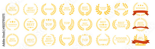 Laurel wreath award collection, winner and best champion badges, classic victory symbols, premium achievement emblems, movie artist actor team design set illustration on transparent background