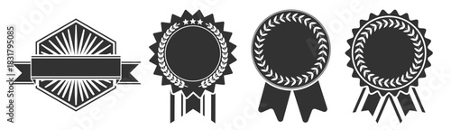 Medal award badge collection, classic victory wreath emblems with stars and ribbons, premium gold seal design set illustration on transparent background