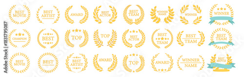 Award winner wreath collection, best champion labels with laurels, classic cinema and film emblem design set with stars and branches illustration on transparent background